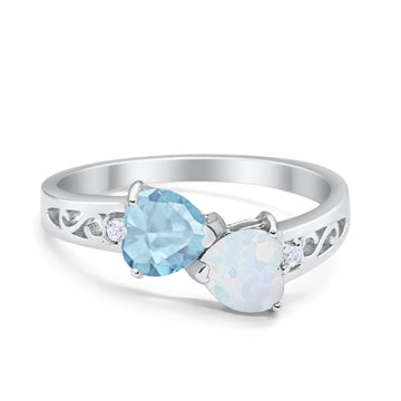 Heart Filigree Ring Simulated Aquamarine CZ 925 Sterling Silver